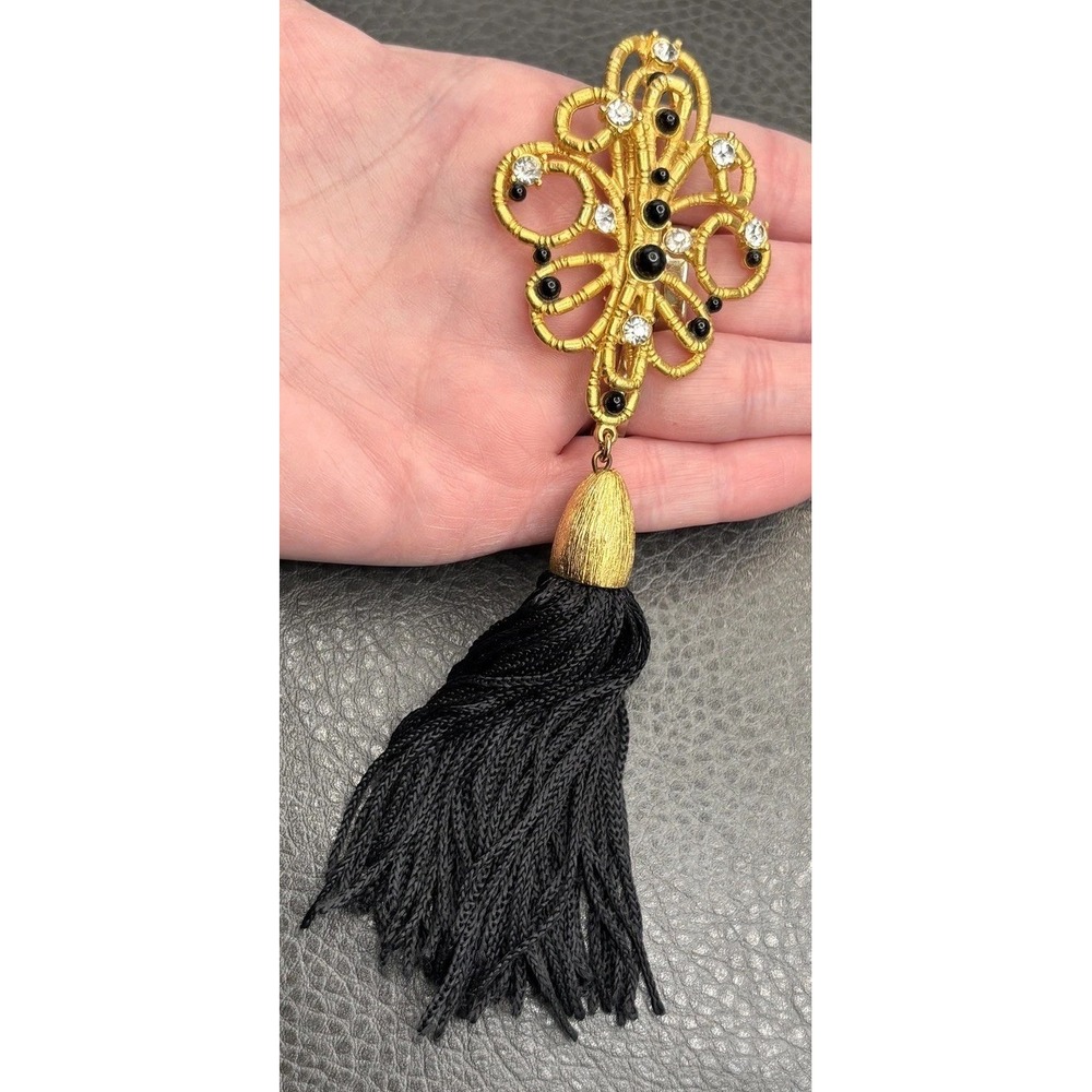 Vintage Craft Filigree Ornate Brooch Black Tassel 6" Long Statement Brooch